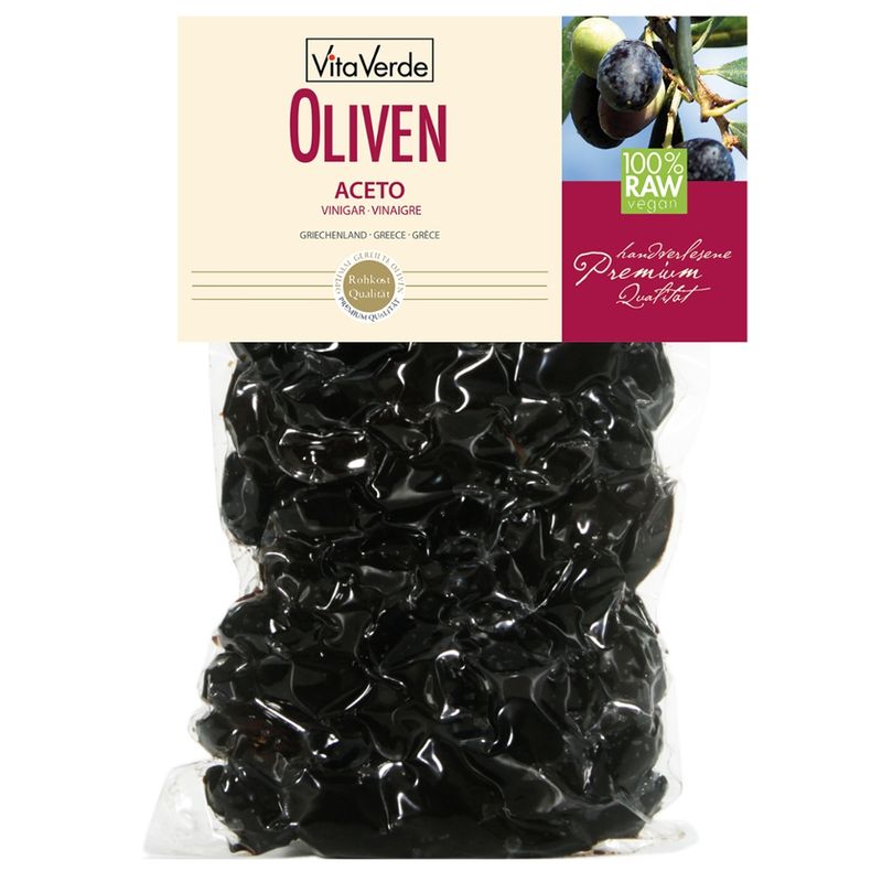 Vita Verde Schwarze Oliven Amfissa, von Hand selektiert, luftgetrocknet mit wenig Flüssigkeit und sehr wenig Salz in 100 % Rohkostqualität - Produktbild