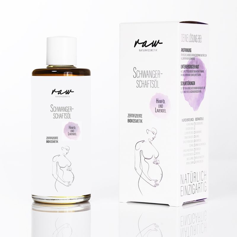 raw Naturkosmetik Bio Schwangerschaftsöl mit Hanföl & Lavendel – beruhigt, entspannt und fördert das Wohlbefinden. Unterstützt die Hautpflege, kann Spannungen lösen und hilft dank Lavendelduft beim Abschalten und Einschlafen. Ideal für ruhige Momente im Alltag - Produktbild
