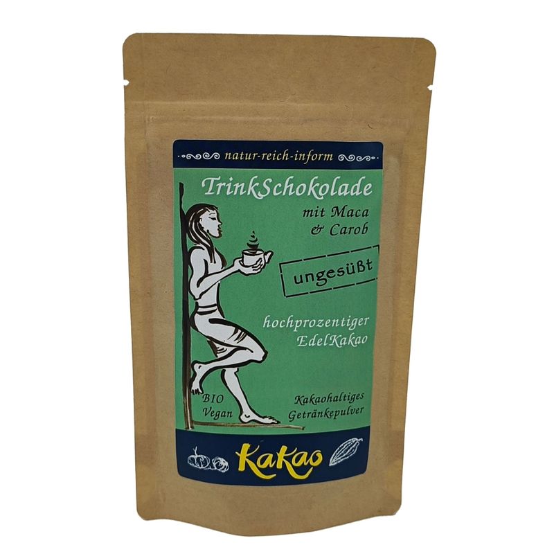 natur-reich-inform TrinkSchokolade mit Maca und Carob, ungesüßt - 80g. Ein kakaohaltiges Getränkepulver mit hochprozentigem EdelKakao, BIO und Vegan. - Produktbild
