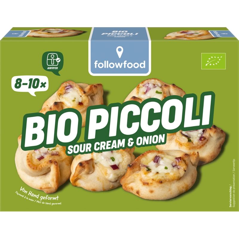 followfood Bio Piccoli pizza snack, filled with mozzarella, sour cream and onions, pre-baked, frozen - Produktbild