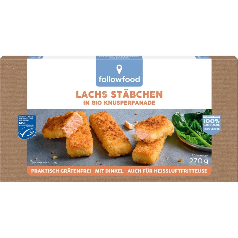 followfood MSC Lachs Stäbchen in Bio Knusperpanade, Wildlachsfilet, praktisch grätenfrei, aus Blöcken geschnitten, vorgebraten, tiefgefroren - Produktbild