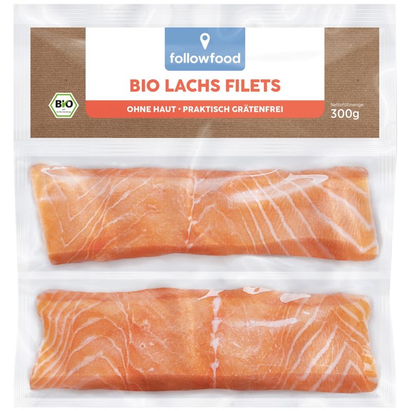 followfood Bio Lachs Filets, ohne Haut, praktisch grätenfrei, portioniert, tiefgekühlt. - Produktbild