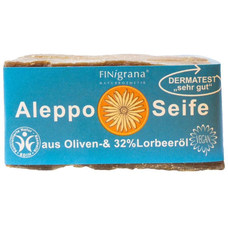 FINigrana® Naturkosmetik FINigrana Aleppo Olivenseife mit 32% Lorbeeröl, 165g traditionell handgeschnittener Naturblock, reine Pflanzenseife für alle Hauttypen - Produktbild