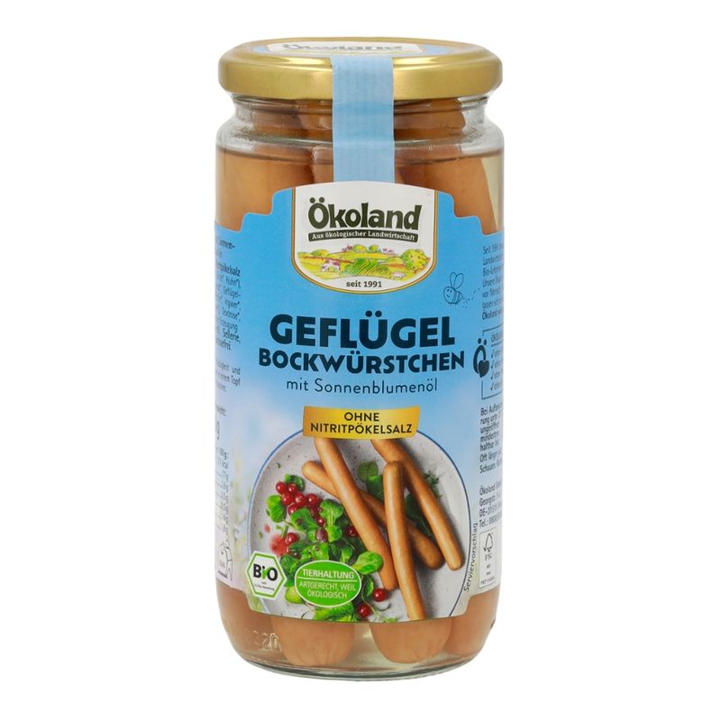ÖKOLAND Geflügel-Bockwürstchen mit Sonnenblumenöl in zarter Eigenhaut - Produktbild