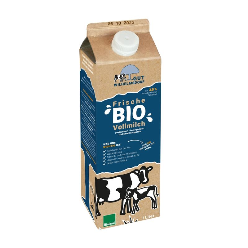 Gut Wilhelmsdorf 1L Bioland frische Weidemilch mit natürlichen Fettgehalt im Klimakarton, kuhgebundene Kälberaufzucht auf dem Gut Wilhelmsdorf - Produktbild