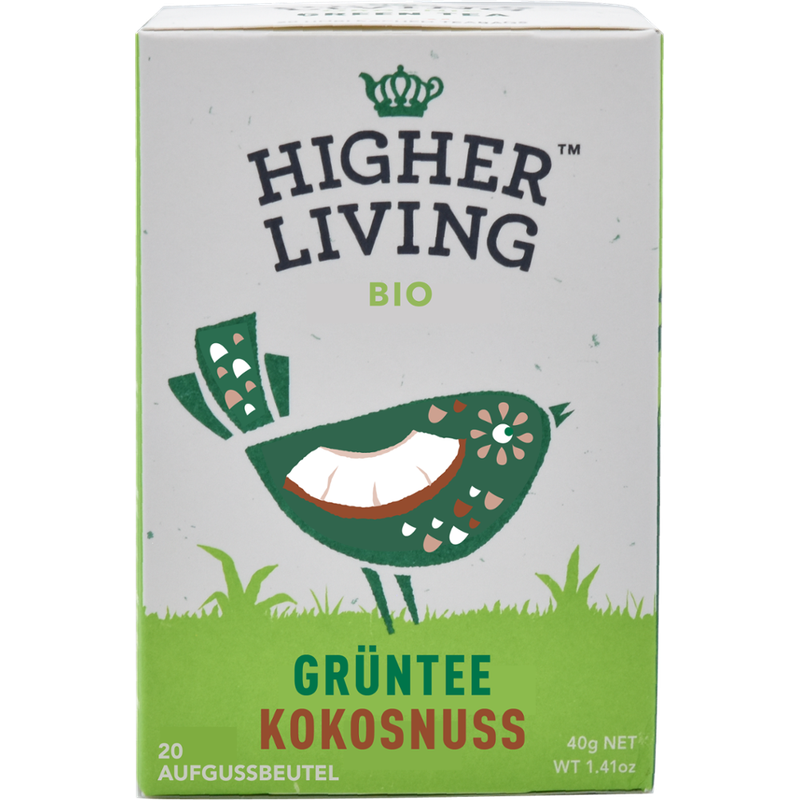 Higher Living Der süße und exotische Grüne Tee Kokosnuss besteht aus den allerbesten Teeblättern kombiniert mit Kokosnuss. Ein leckerer und markanter Genuss. - Produktbild