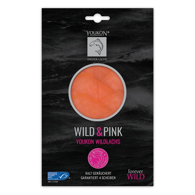 Youkon Wilder Lachs  Youkon Wild & Pink Wildlachs (Oncorhynchus gorbuscha) 50 g, kalt geräuchert,  MSC zertifiziert, garantiert 4 Scheiben - Produktbild