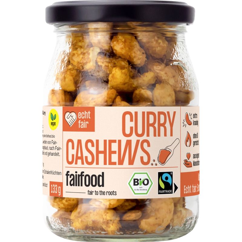 fairfood Freiburg Faire Cashews mit Curry geröstet (133g, Bio, Fairtrade, Pfandglas klein) - Produktbild