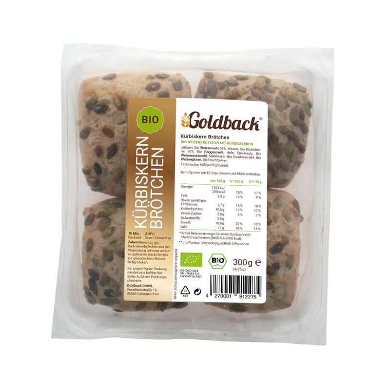 Goldback Bio Kürbiskernbrötchen 4er (300g) (Bio Weizenbrötchen mit Kürbiskernen) - Produktbild