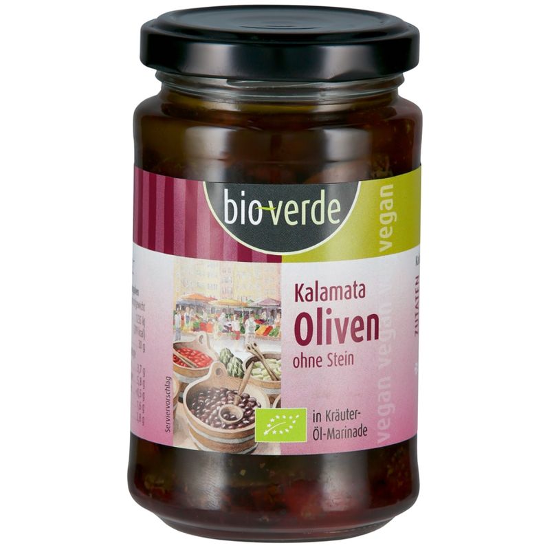 bio-verde Schwarze Kalamata-Oliven ohne Stein mit frischen Kräutern in Öl-Marinade 200 g - Produktbild
