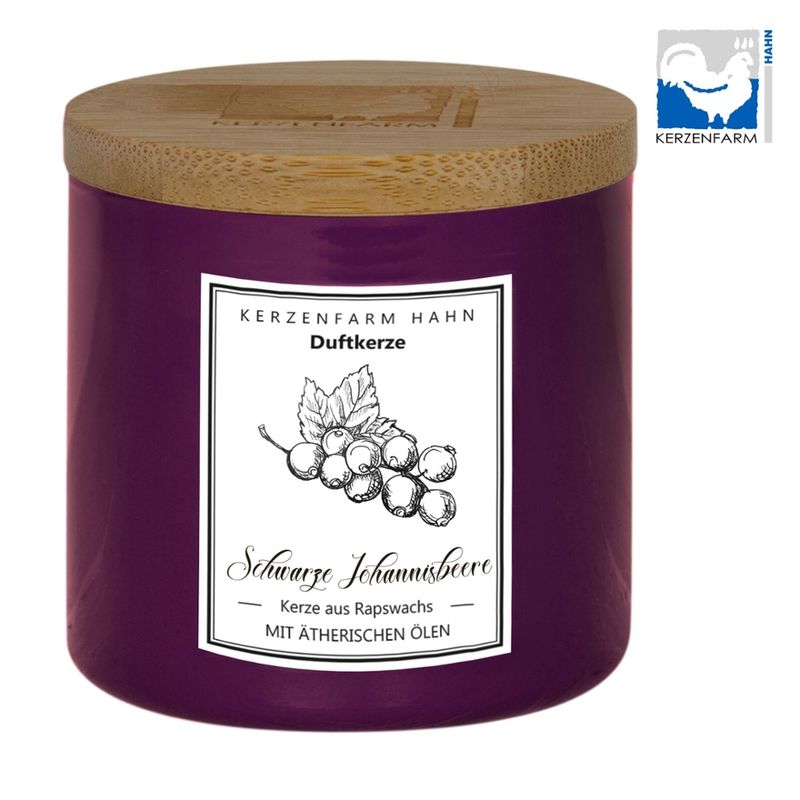 Kerzenfarm Hahn Duftkerze im Trendglas mit Holzdeckel , beere, mit Rapswachs befüllt, Schwarze Johannisbeere - Produktbild