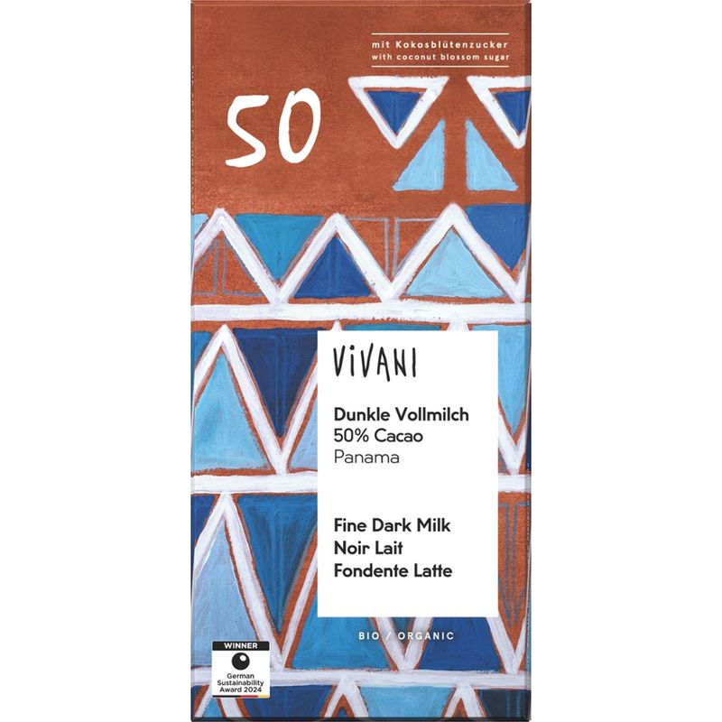 Vivani Dunkle Vollmilch 50% Cacao Panama mit Kokosblütenzucker - Produktbild