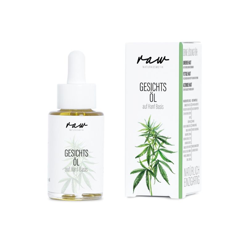 raw Naturkosmetik Gesichtsöl Hanf hilft bei unreiner Haut, Pickeln, Akne sowie Neurodermitis, Rocacea. Die kaltgepressten Bio Öle versorgen die Haut von Natur aus mit wichtigen Fettsäuren, Mineralien und Vitaminen, vegan und dermatologisch für sensible Haut getestet - Produktbild