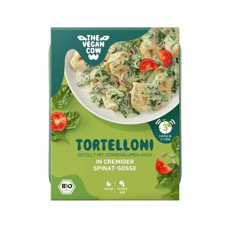THE VEGAN COW Tortelloni in cremiger Spinat-Sosse gefüllt mit Sonnenblumenhack - Produktbild