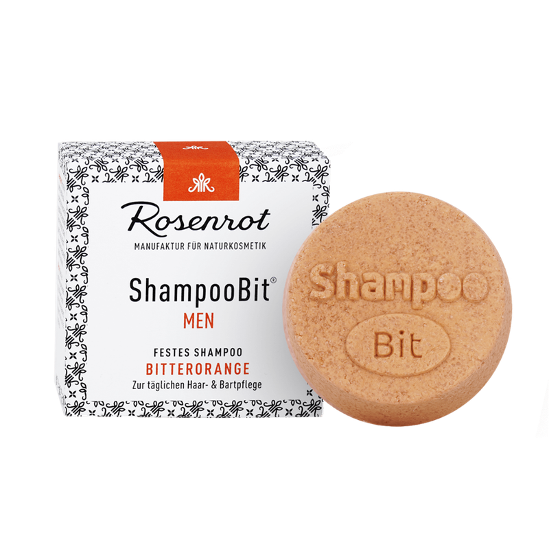 Rosenrot Naturkosmetik festes ShampooBit® MEN Bitterorange - 60g - in Schachtel - Dieses MEN ShampooBit Bitterorange für den Mann reinigt mild und ist sanft zur Haut und zum Bart. - Produktbild