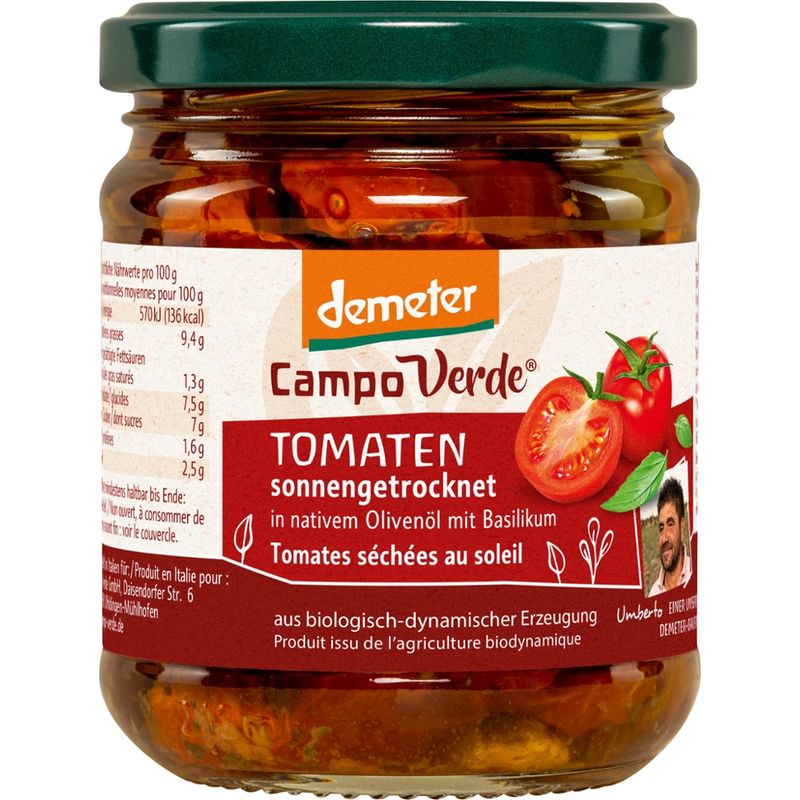 Campo Verde demeter sonnengetrocknete Tomaten in Öl mit Basilikum 190g - Produktbild