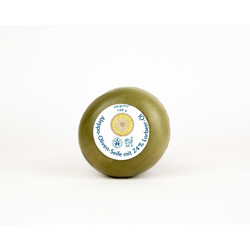 FINigrana® Naturkosmetik FINigrana Aleppo Olivenseife mit 24% Lorbeeröl, 100g rundgeformt, mit antiseptischen Eigenschaften, reine Pflanzenseife für alle Hauttypen geeignet, vegan Palmöl frei - Produktbild