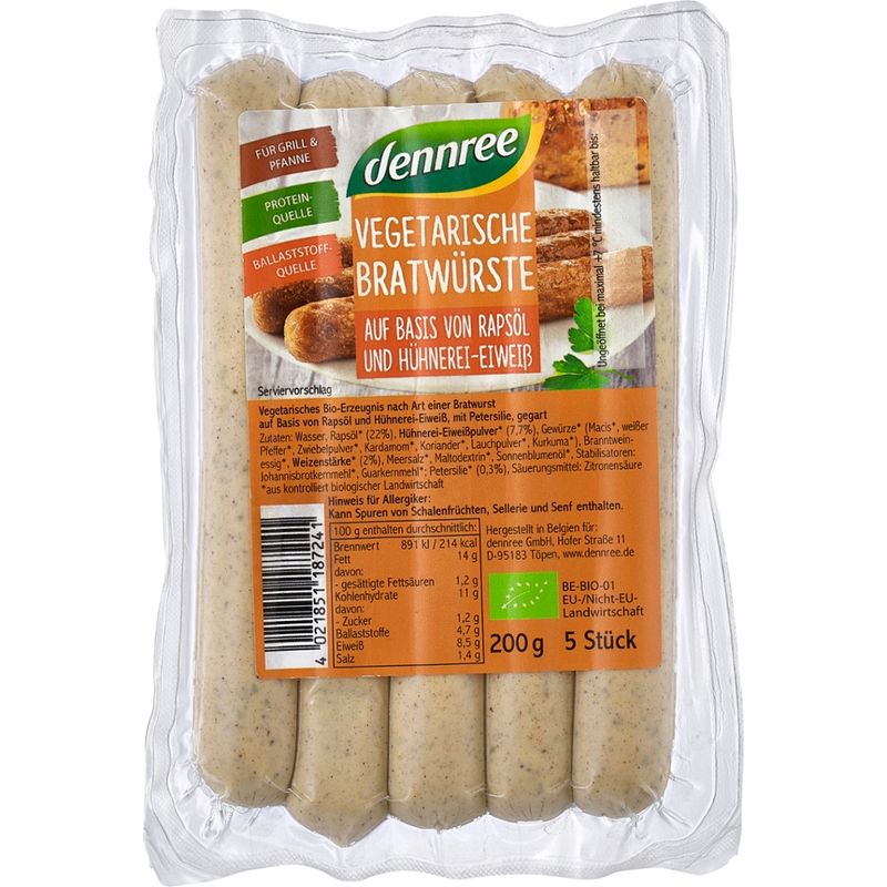 dennree Vegetarische Bratwurst auf Basis von Rapsöl und Hühnerei-Eiweiß - Produktbild