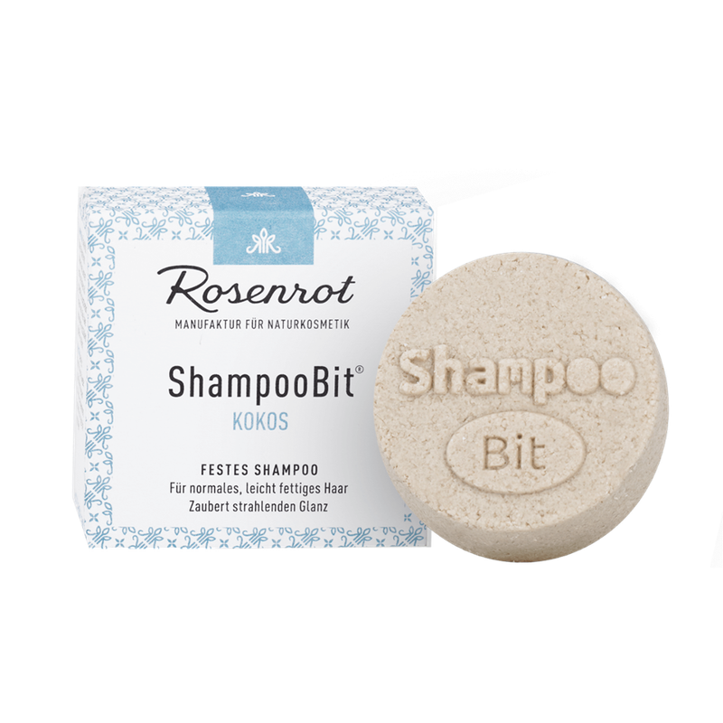 Rosenrot Naturkosmetik festes ShampooBit® Kokos - 55g - in Schachtel - Ein wundervolles festes Shampoo Kokos für glänzende Haare. Pflegende Bioöle (kbA) verwöhnen und regenerieren und sind eine Wohltat für Haar und Kopfhaut. - Produktbild