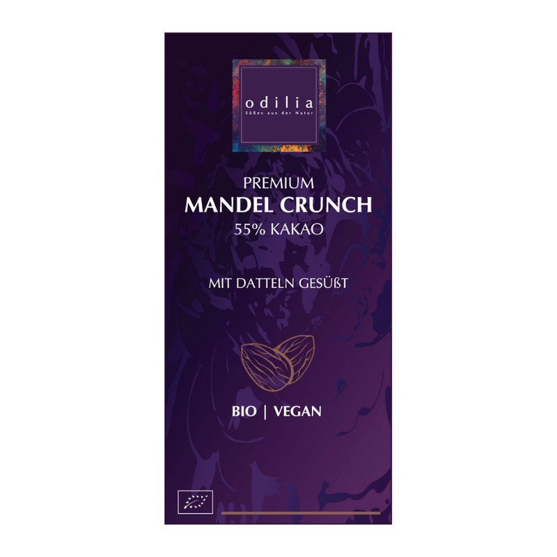 odilia Premium Mandel Crunch Schokolade. Süß ohne zugesetzten Zucker, dafür mit köstlichen Datteln gesüßt. Handgefertigt, bio, vegan, gluten- und laktosefrei - Produktbild