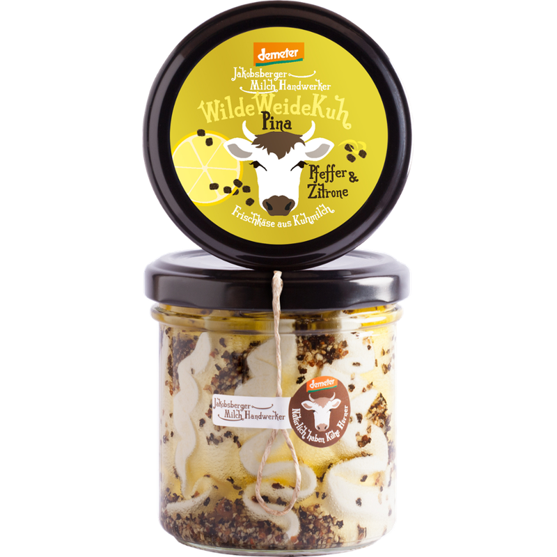 Jakobsberger MilchHandwerker WildeWeideKuh Pina Pfeffer & Zitrone ist ein demeter Kuhmilchfrischkäse von den Jakobsberger MilchHandwerkern. Mit geschrotetem MalabarPfeffer und einer Zitronennote ist diese Komposition erfrischend anders - Produktbild