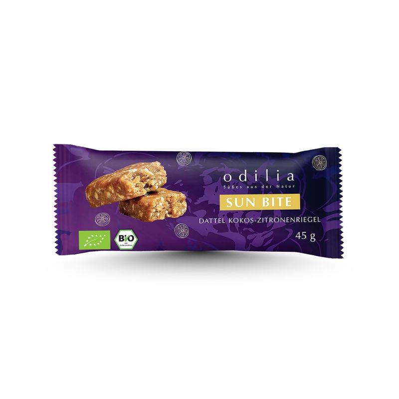 odilia odilia SUN BITE – Bio Dattel-Kokos-Cashew-Riegel mit glutenfreiem Hafer, feinem Olivenöl und einem Hauch Vanille & Zitrone. 100 % bio, vegan, glutenfrei, ohne Zuckerzusatz – handgemacht in Nürnberg nach eigenem Rezept.“ - Produktbild