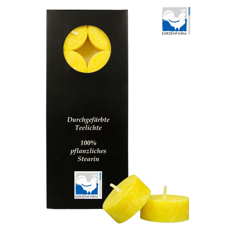 Kerzenfarm Hahn Stearin-Teelicht, 10 Stück, ohne Aluhülle, gelb, zur Verwendung im Glas - Produktbild