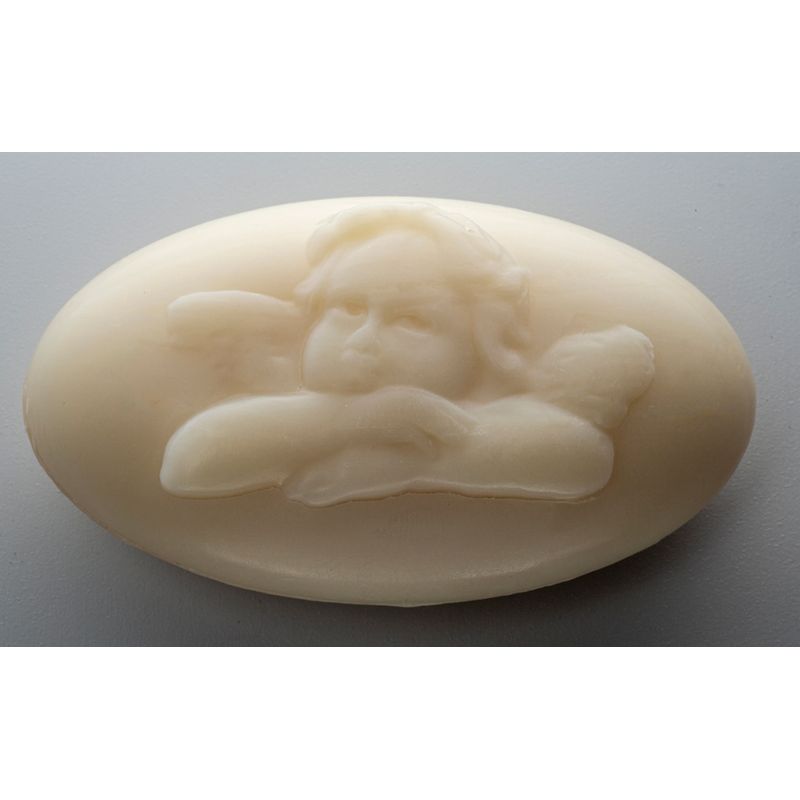Saling Schafmilchseife Engel oval natur im Verkaufsdisplay mit Papiertütchen - Produktbild
