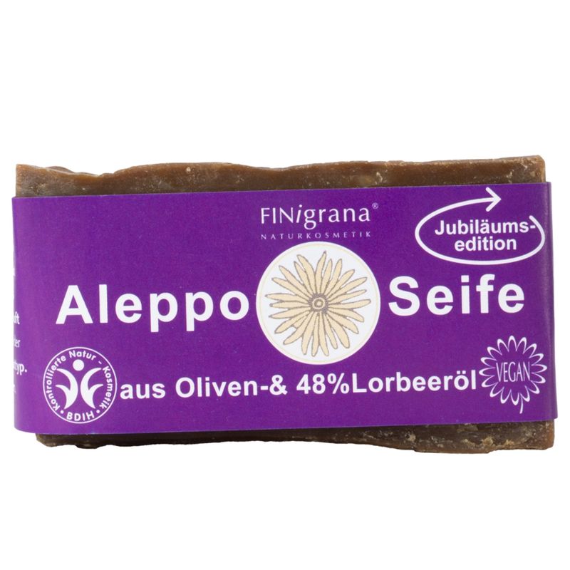 FINigrana® Naturkosmetik FINigrana Aleppo Olivenseife mit 48% Lorbeeröl, 165g traditionell handgeschnittener Naturblock, reine Pflanzenseife, für alle Hauttypen mit antiseptischen Eigenschaften - Produktbild