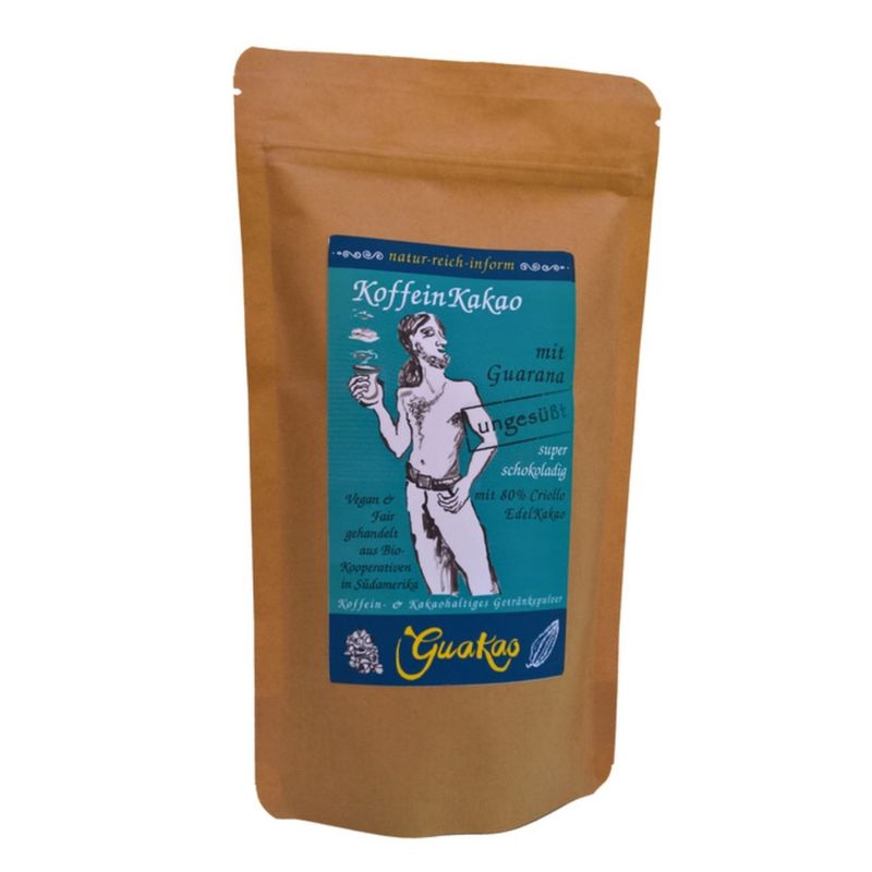 GuaKao GuaKao ungesüßt - der KoffeinKakao mit koffeingebendem Guarana. Der klassische KoffeinMix auf Guaranabasis, ohne Zuckerzugabe. Das schokoladige Getränkepulver mit Edelkakao. - Produktbild