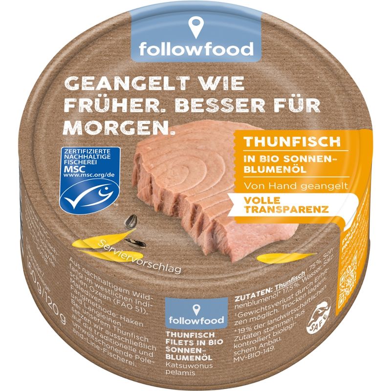 followfood MSC Thunfisch Filets (Katsuwonus pelamis) in Bio Sonnenblumenöl, aus Angelruten-Fischerei - Lithodose - Produktbild