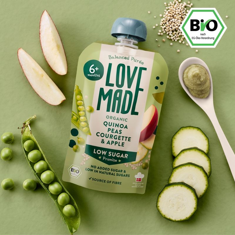 LoveMade Organics Bio Zwischenmahlzeit mit Erbsen, Zucchini, Apfel und Quinoa 6+ Monaten - Produktbild