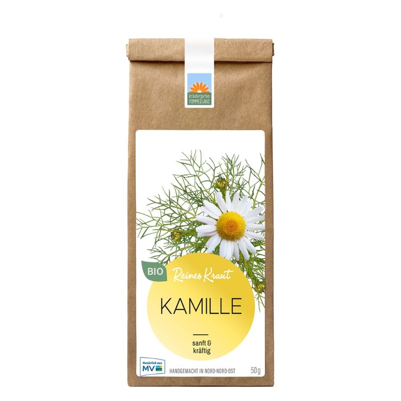 Kräutergarten Pommerland Bio Kamille in der  Papiertüte - Matricariae flos - Produktbild