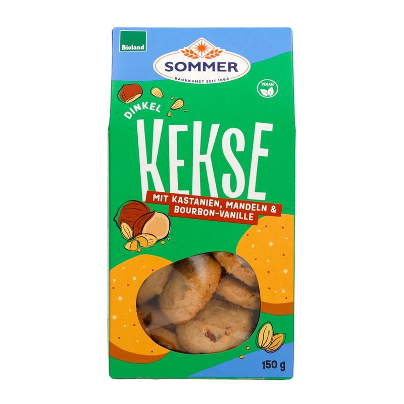SOMMER BACKKUNST SEIT 1864 Dinkel Kekse mit Kastanie, Mandeln & Bourbon-Vanille, vegan - Produktbild