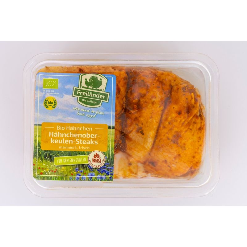 Freiländer Bio Geflügel Hähnchenoberkeulensteaks mit Haut, Pollo Fino, mariniert Paprika, frisch, Bio, ca. 400g - Produktbild