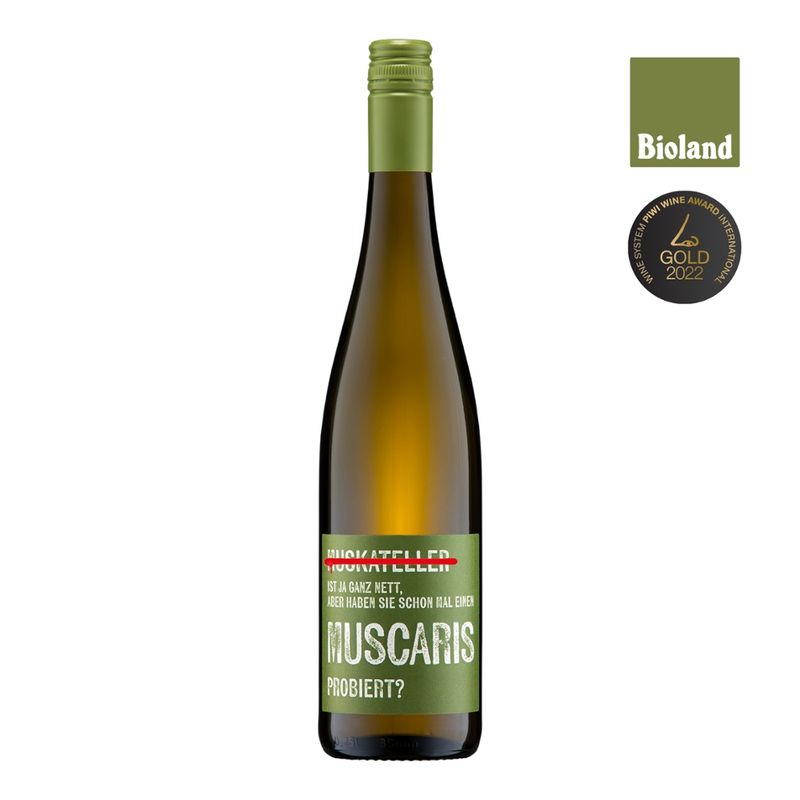 Weingut Galler - Ihr Bioweingut Muscaris - feinherb ausgebauter Weißwein, Kreuzung aus Rebsorten gelber Muskateller und Solaris - Produktbild