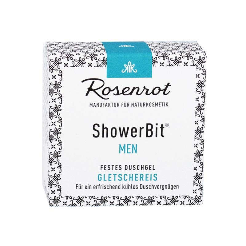 Rosenrot Naturkosmetik ShowerBit® MEN - festes Duschgel Gletschereis - 55g - in Schachtel - Vitalisierende Pflegedusche mit Bio-Sanddornfrucht-Extrakt verwöhnt die Haut und versorgt mit viel Feuchtigkeit. - Produktbild