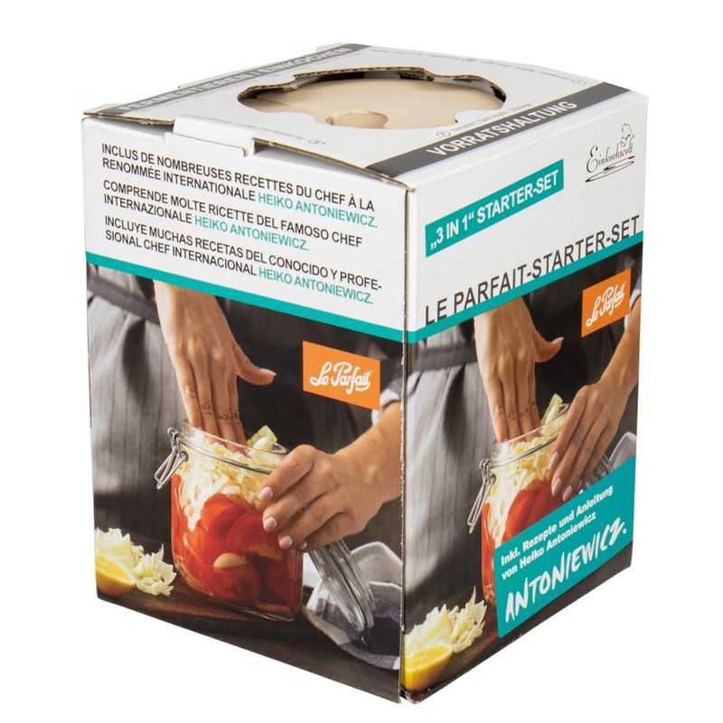Einkochwelt® Fermentierset - 750 ml Drahtbügelgläser "Le Parfait" Terrine kpl. mit Gummiring im Glas liegend verpackt im illustriertem Karton "Fermentieren" - Produktbild