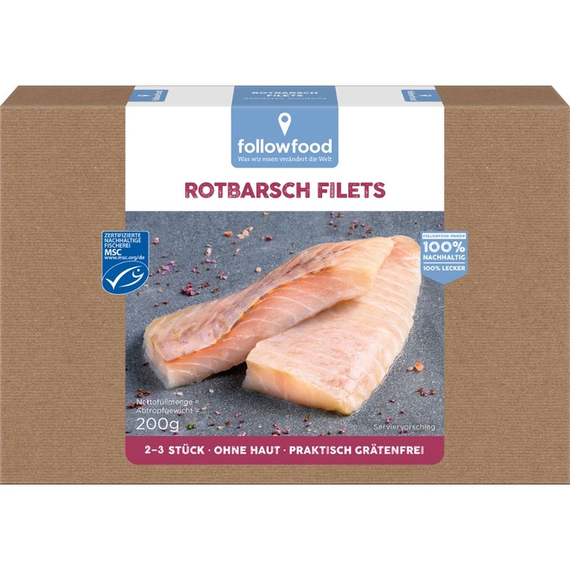followfood 2–3 Rotbarsch Filet, ohne Haut, praktisch grätenfrei, portioniert, tiefgekühlt mit Wasserschutzglasur. - Produktbild