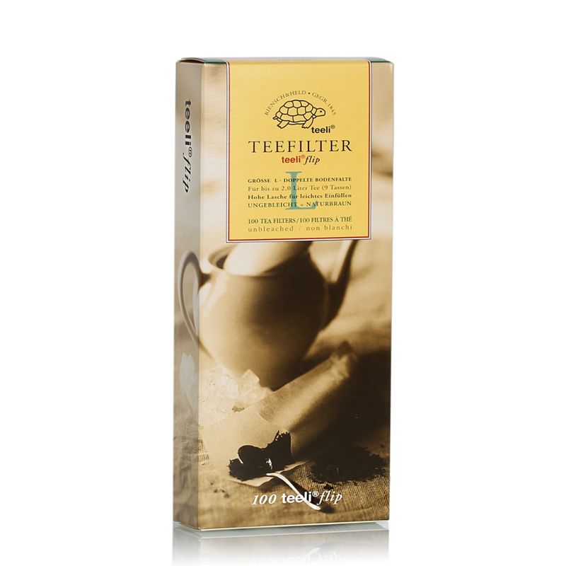 teeli flip L braun Papierteefilter, ungebleicht, biologisch abbaubar, Made in Germany. Mit doppelter Bodenfalte für die volle Entfaltung der losen Teeblätter und mit praktischer Einfülllasche. Ohne Verwendung von Klebstoffen. - Produktbild
