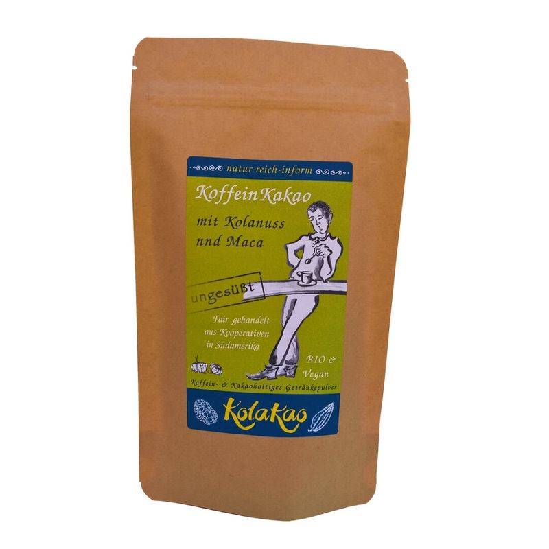 KolaKao KolaKao mit Maca, ungesüßt - der KoffeinKakao mit 50% koffeingebender Kolanuss und 15% mobilisierender Macaknolle. Das Getränkepulver ohne Zuckerzugabe mit schwach entöltem Criollo-Edelkakao aus Atalaya, mit einer Spur Tonka und Meersalz vollendet. - Produktbild