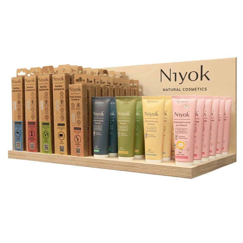 Niyok NIYOK Holzdisplay Zahnpflege: Zahncreme (24 Stück) + Zahnbürsten (50 Stück) - Produktbild