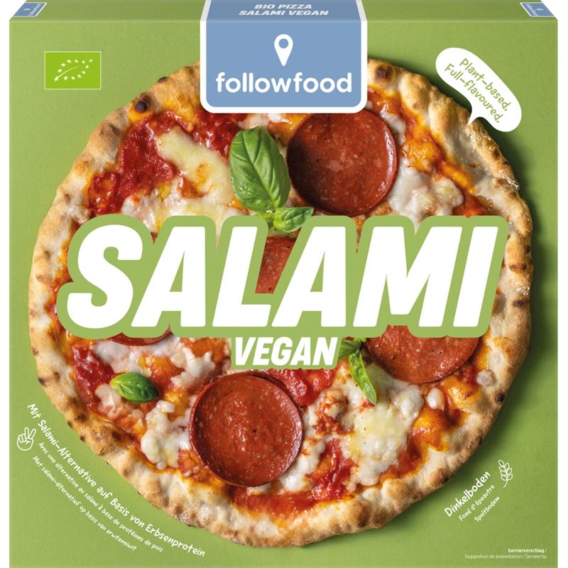 followfood Bio Pizza Salami vegan, mit Dinkelboden, Salami-Alternative auf Basis von Erbsenprotein - Produktbild