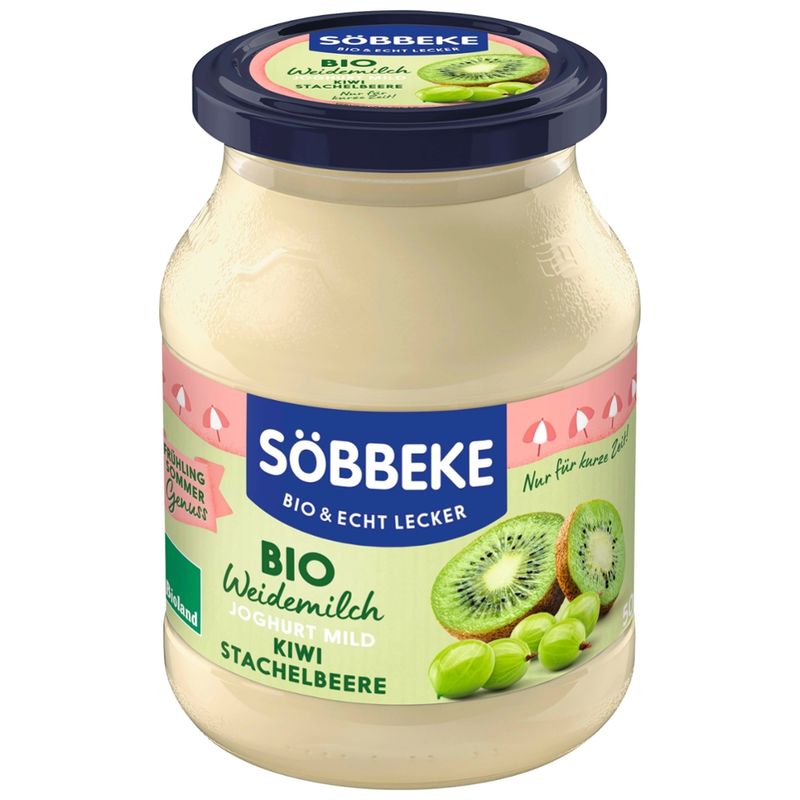 Söbbeke Bio Weidemilch Joghurt mild Kiwi-Stachelbeere, 3,8 % Fett 500 g Glas - Produktbild
