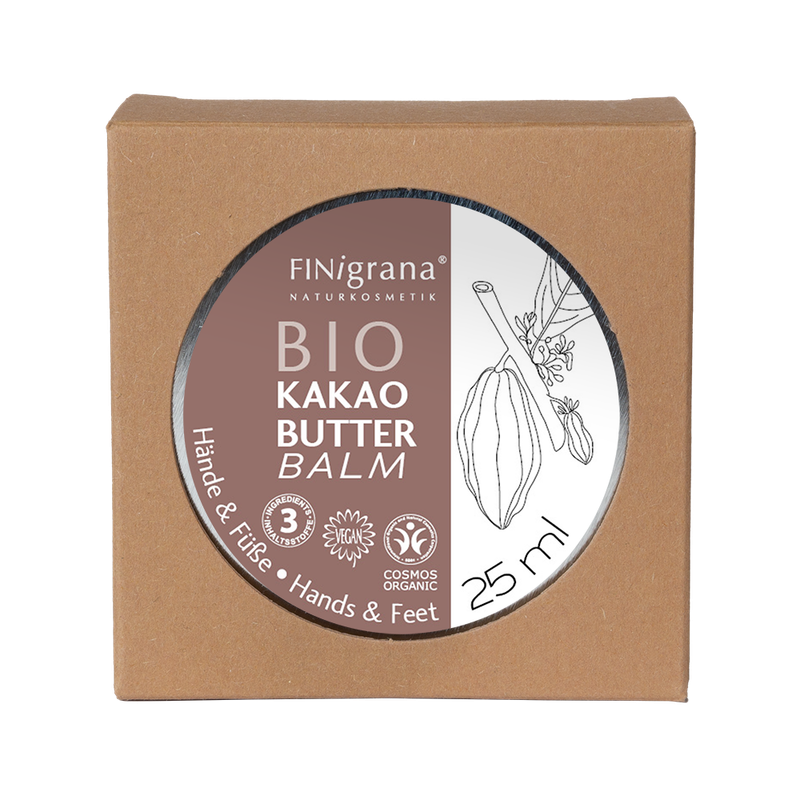 FINigrana® Naturkosmetik FINigrana® BIO Kakaobutter-Balm (Hände & Füße / Hands & Feet / Mains & Pieds) in Weißblechdose, 25ml mit Umkarton - Produktbild