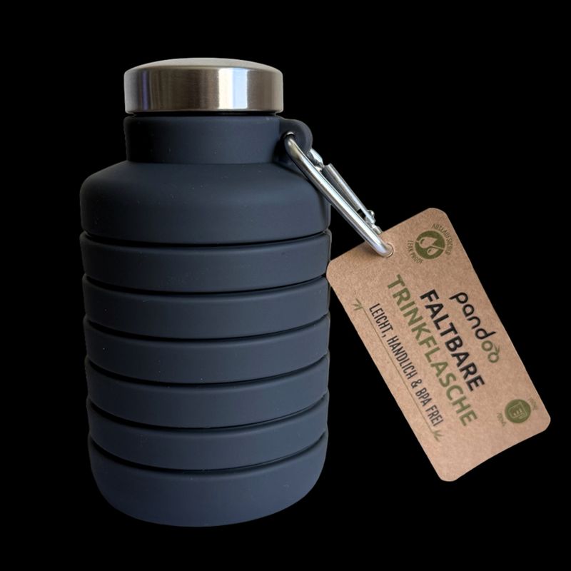 pandoo Faltbare Silikon Trinkflasche Schwarz mit Karabiner - Produktbild