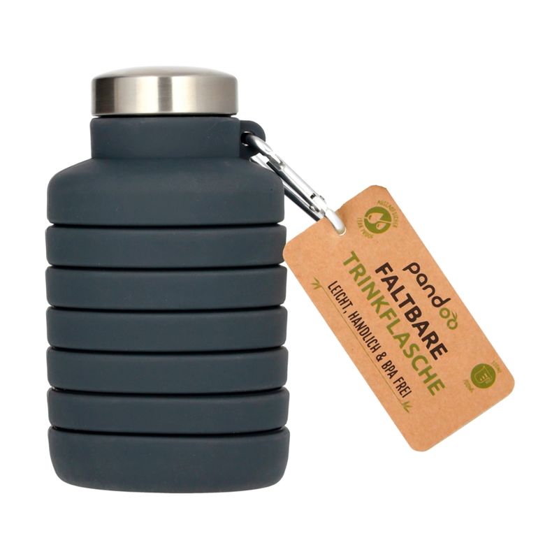 pandoo Faltbare Silikon Trinkflasche Schwarz mit Karabiner - Produktbild