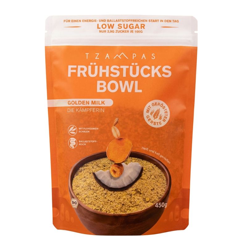 TZAMPAS TZAMPAS Clean Eating Bowl Golden Milk - Die Kämpferin, 450g - Mit gerösteter Gerste, Flohsamenschalen und Erdmandelmehl - Produktbild
