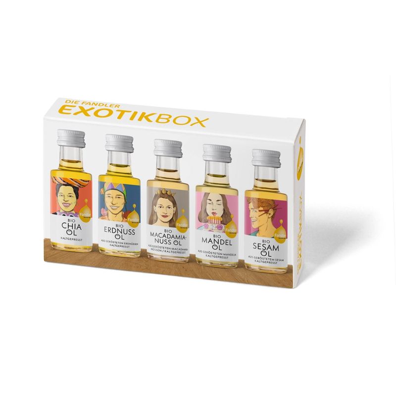 Ölmühle Fandler Die Fandler Exotikbox (Bio-Chiaöl, Bio-Erdnussöl, Bio-Macadamianussöl, Bio-Mandelöl, Bio-Sesamöl) - Produktbild