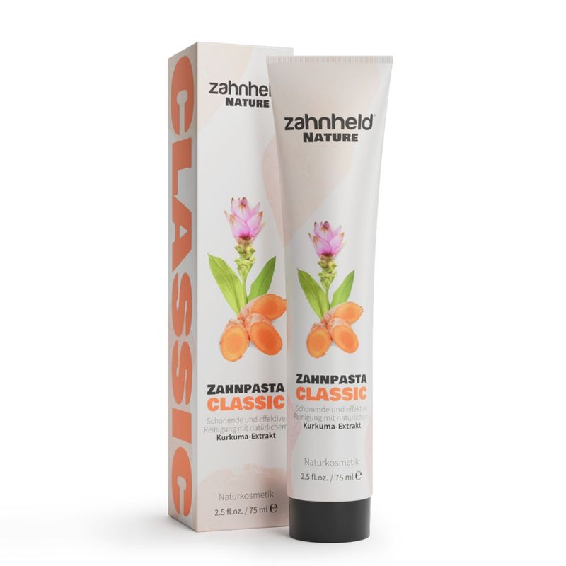 zahnheld Zahnpasta CLASSIC – mit natürlichem Kurkuma-Extrakt, optimierter Geschmack mit sanfterer Minze, schonende Textur für effektive Reinigung, fluoridfrei, pflegt und schützt Zähne und Mundraum, hilft Plaque zu reduzieren. - Produktbild